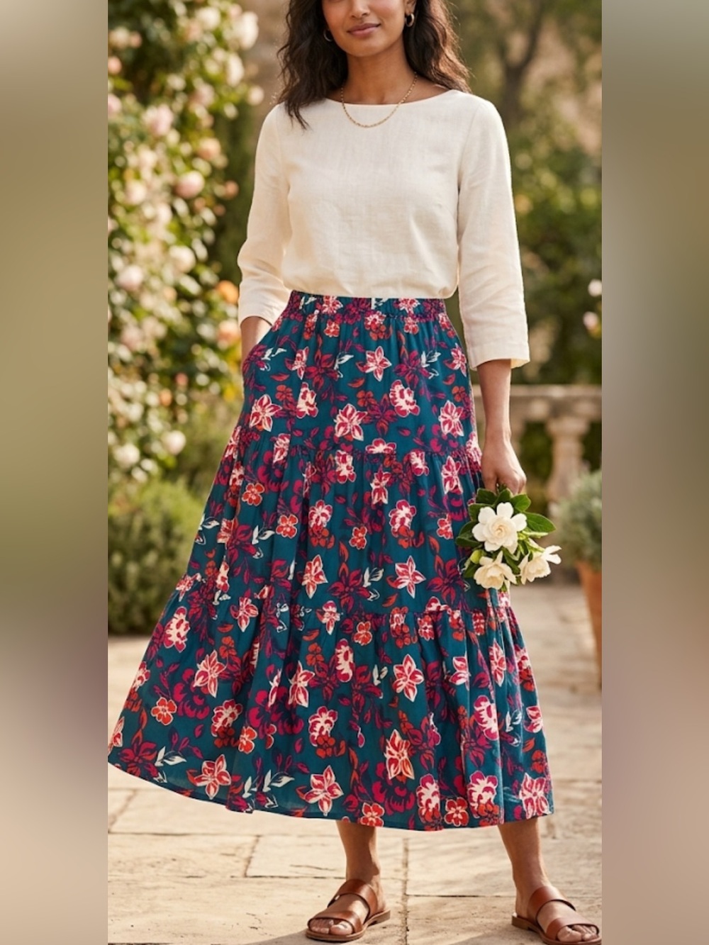Southern Tide Teal Maxi Skirt with Pink and Red Floral